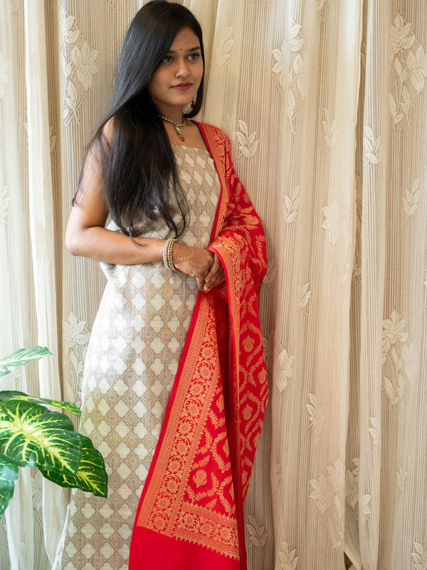 Banarasi Cotton  Silk Zari Weaving Salwar Kameez Material With Jaal Dupatta-Beige & Red