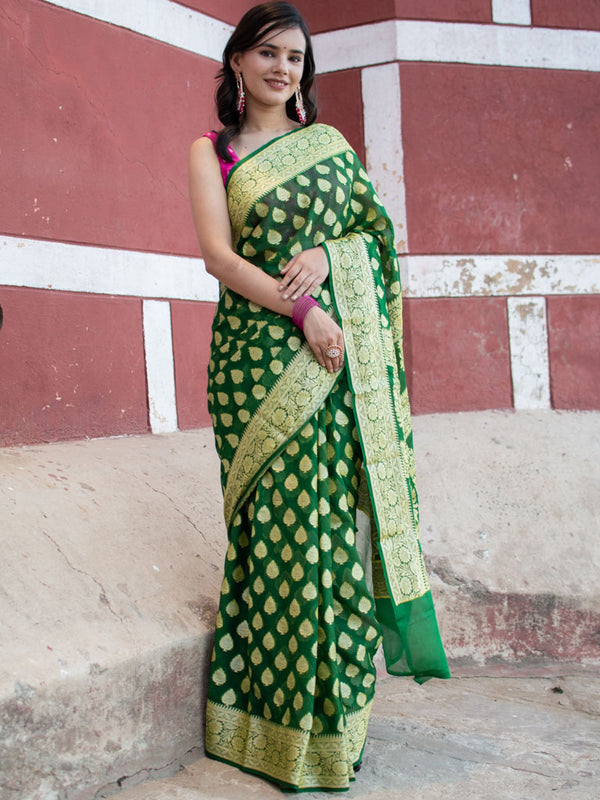 Banarasi Chiffon Saree Gold Zari Weaving-Bottle Green