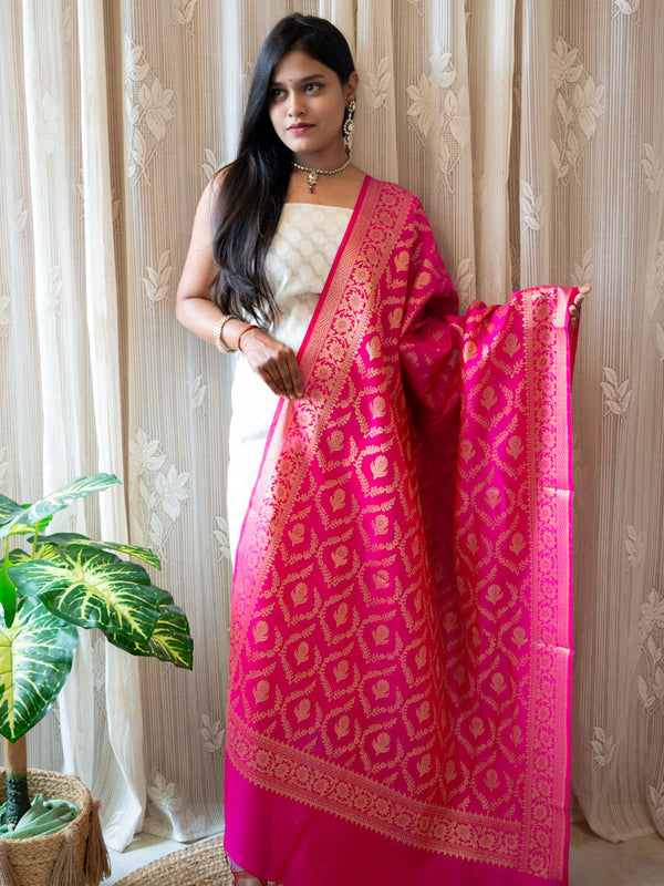 Banarasi Cotton  Silk Zari Weaving Salwar Kameez Material With Jaal Dupatta-White & Pink