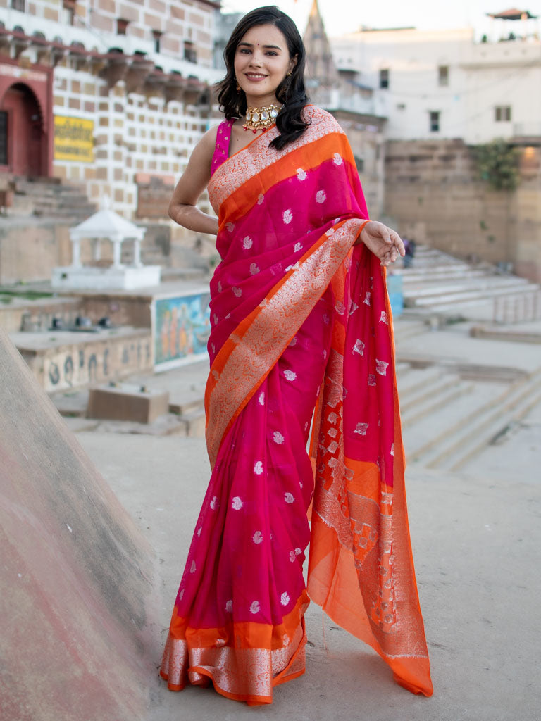 Banarasi Dual Shade Semi Chiffon Saree Silver Zari Buti Weaving-Pink