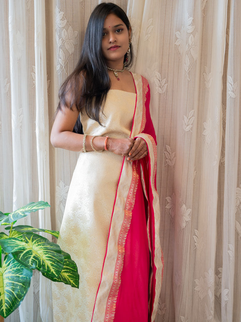 Banarasi Cotton  Silk Zari Weaving Salwar Kameez Material With Plain Dupatta-White & Pink