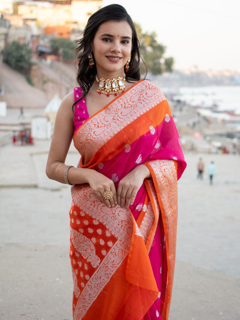 Banarasi Dual Shade Semi Chiffon Saree Silver Zari Buti Weaving-Pink