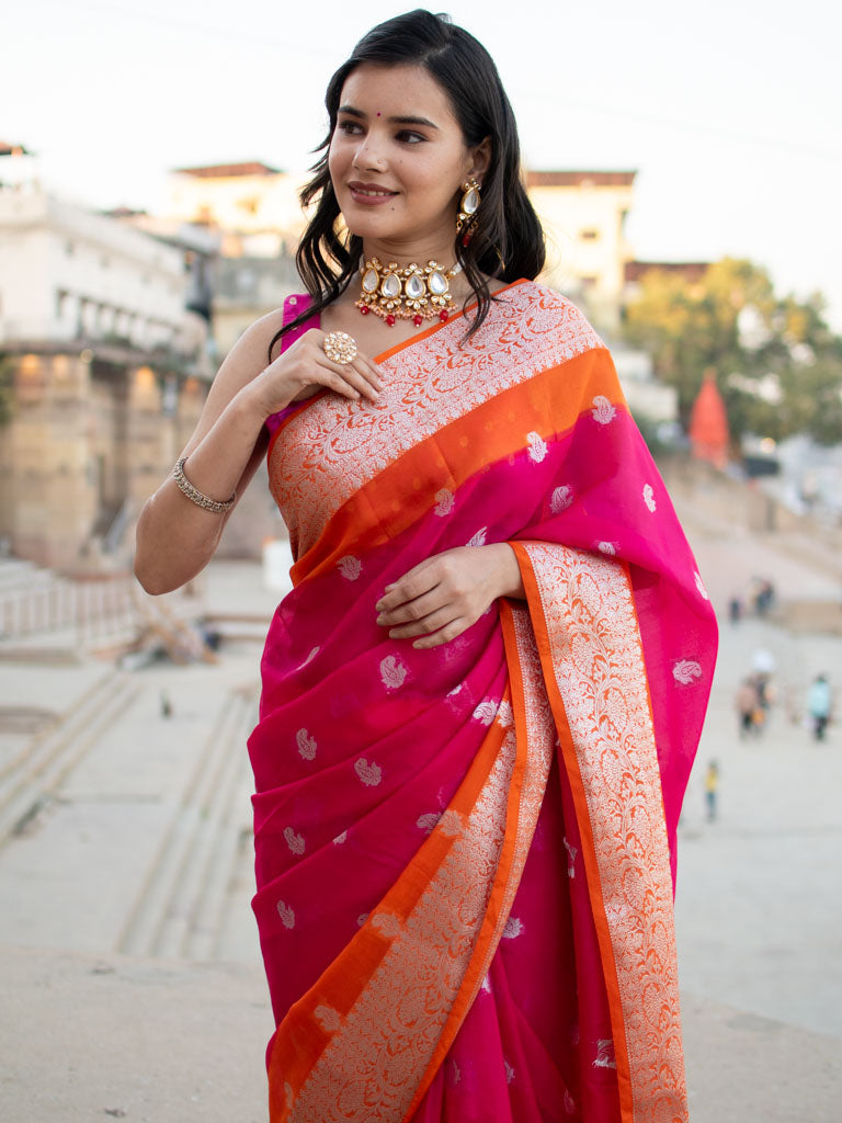 Banarasi Dual Shade Semi Chiffon Saree Silver Zari Buti Weaving-Pink