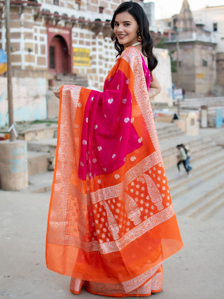 Banarasi Dual Shade Semi Chiffon Saree Silver Zari Buti Weaving-Pink