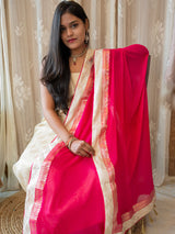 Banarasi Cotton  Silk Zari Weaving Salwar Kameez Material With Plain Dupatta-White & Pink
