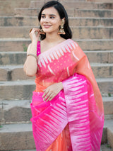 Banarasi  Dual Shade Organza Saree With Silver Zari Border-Pink & Orange