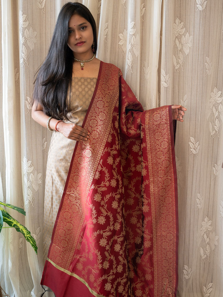 Banarasi Cotton  Silk Zari Weaving Salwar Kameez Material With Jaal Dupatta-Grey & Red