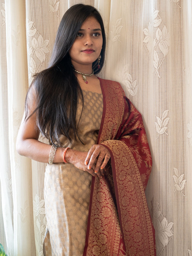 Banarasi Cotton  Silk Zari Weaving Salwar Kameez Material With Jaal Dupatta-Grey & Red