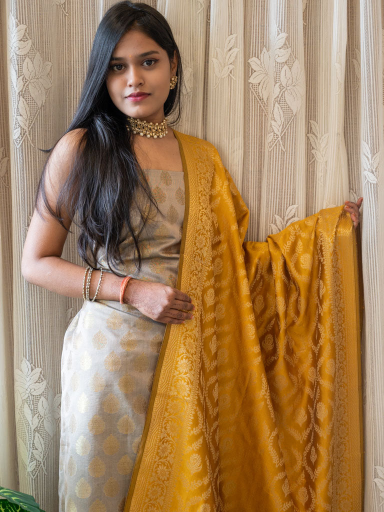 Banarasi Cotton  Silk Zari Weaving Salwar Kameez Material With Jaal Dupatta-Grey & Yellow