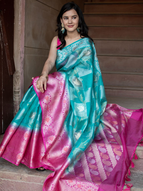 Banarasi Soft Tissue Saree With Zari Weaving & Contrast Border-Blue