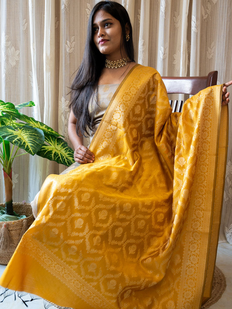 Banarasi Cotton  Silk Zari Weaving Salwar Kameez Material With Jaal Dupatta-Grey & Yellow