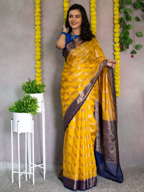 Banarasi Kora Saree With Aada Jaal Weaving & Contrast Border-Yellow