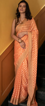 Banarasi Pure Georgette Saree With Resham Buta Weaving & Meena Border-Light Orange
