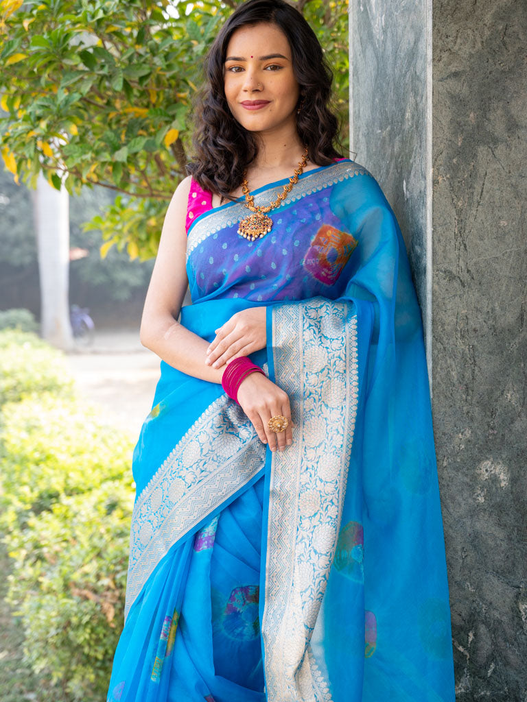 Banarasi Bandhani Dyed Organza Saree With Zari Border-Blue