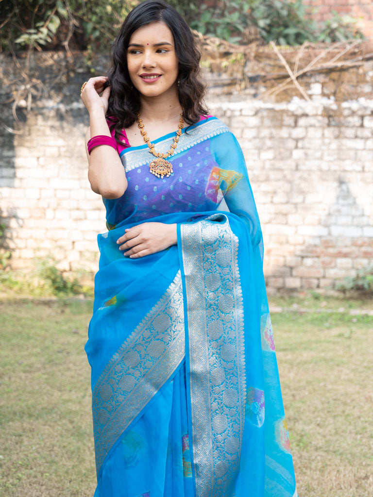 Banarasi Bandhani Dyed Organza Saree With Zari Border-Blue