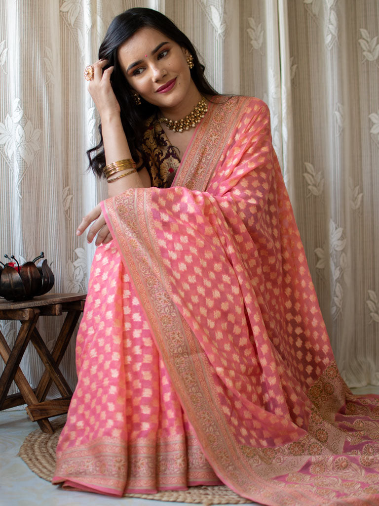 Banarasi Pure Georgette Saree With Resham Buta Weaving & Meena Border-Pink
