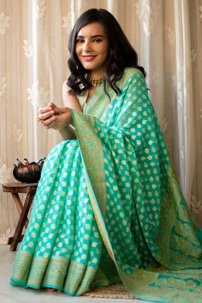Banarasi Pure Georgette Saree With Resham Buta Weaving & Meena Border-Blue