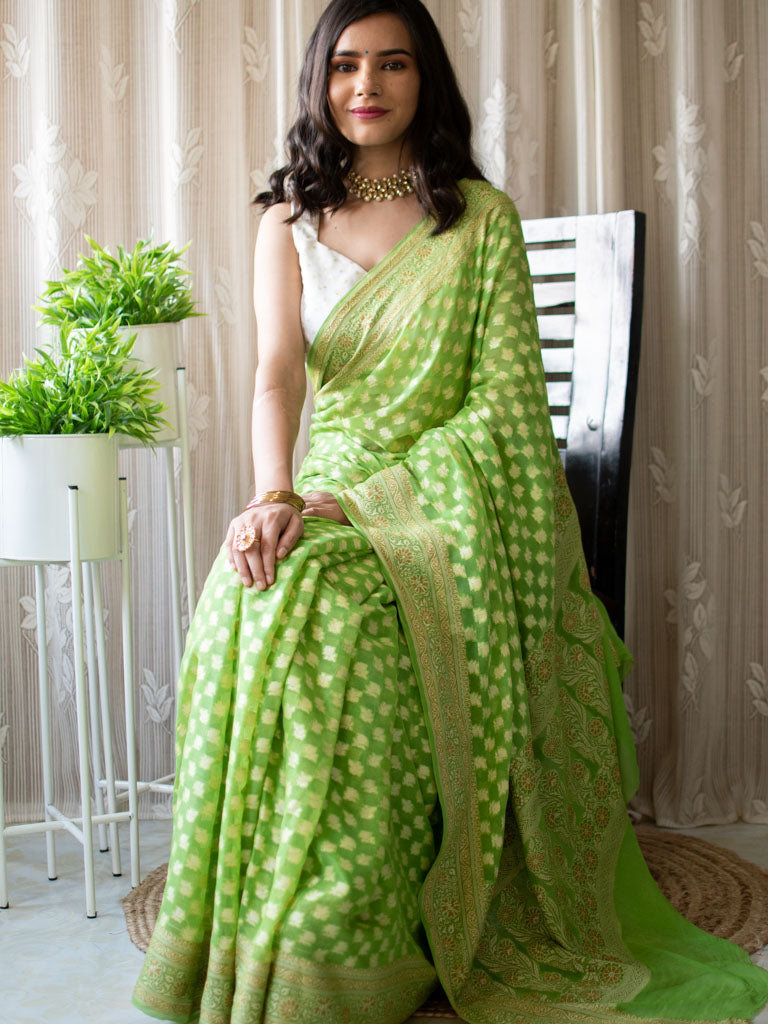 Banarasi Pure Georgette Saree With Resham Buta Weaving & Meena Border-Green