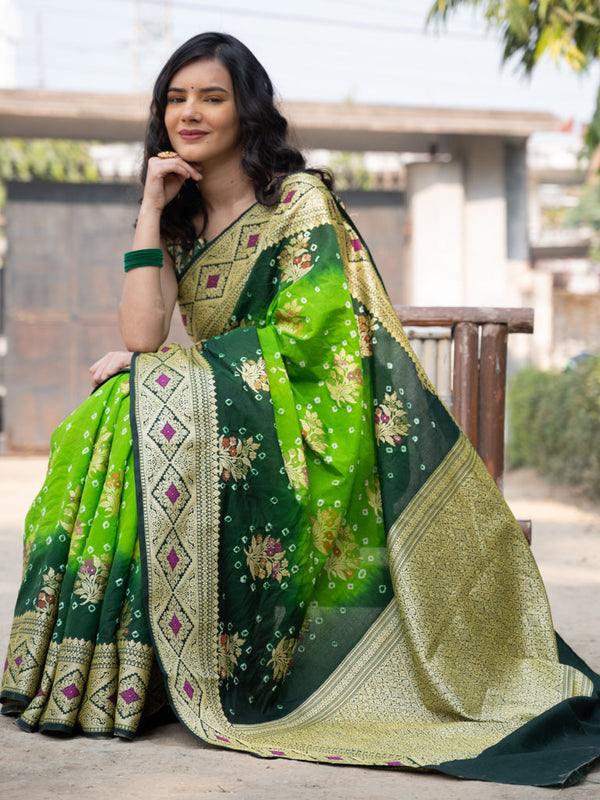 Banarasi Semi Silk Bandhini Saree With Zari Floral Weaving-Green