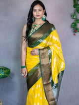 Banarasi Semi Georgette Saree With Antique  Zari Buti Weaving & Contrast Border-Yellow & Green