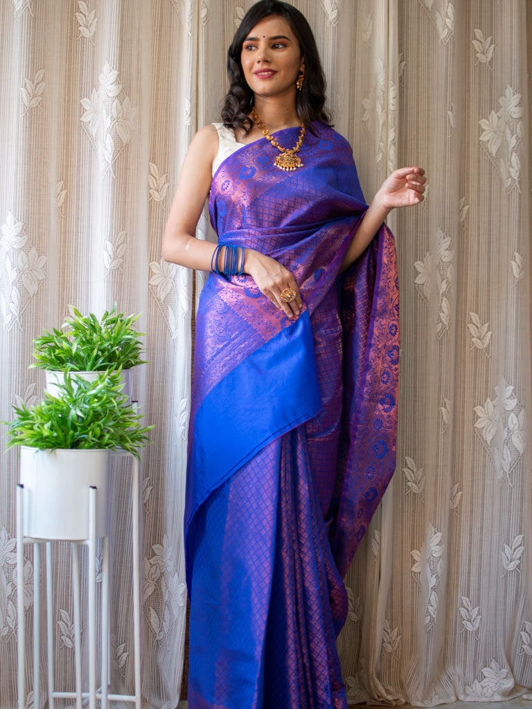 Banarasi Dual Shade Semi Silk Saree With Tanchoi Weaving-Violet