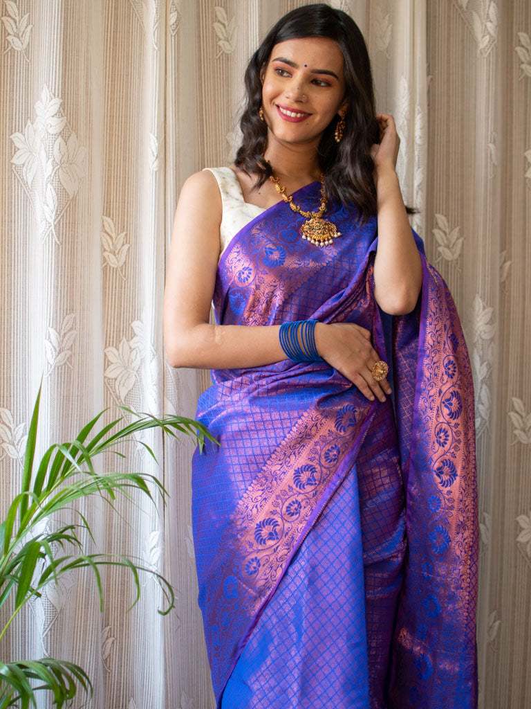 Banarasi Dual Shade Semi Silk Saree With Tanchoi Weaving-Violet