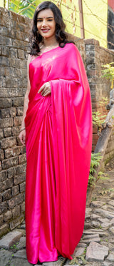 Plain Satin Silk Saree -Pink