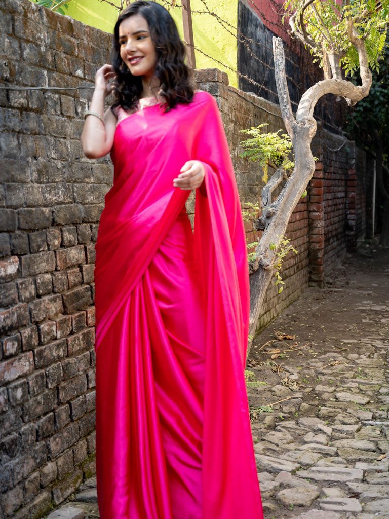 Plain Satin Silk Saree -Pink