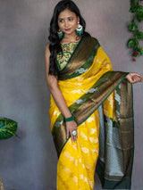 Banarasi Semi Georgette Saree With Antique  Zari Buti Weaving & Contrast Border-Yellow & Green