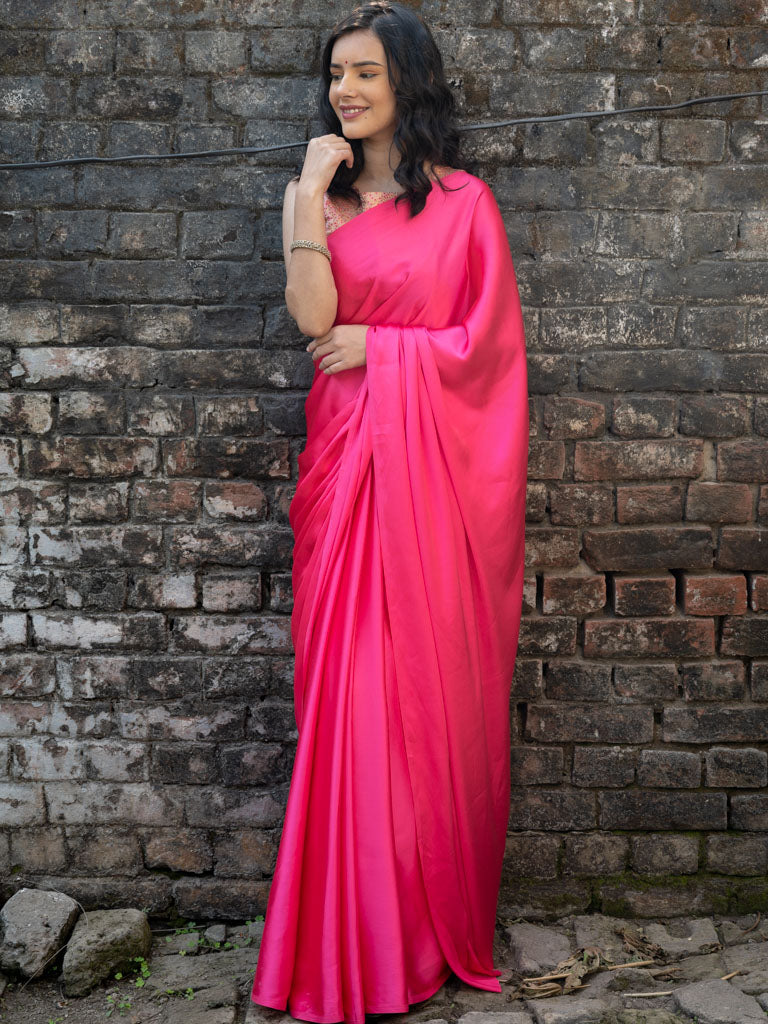 Plain Satin Silk Saree -Pink