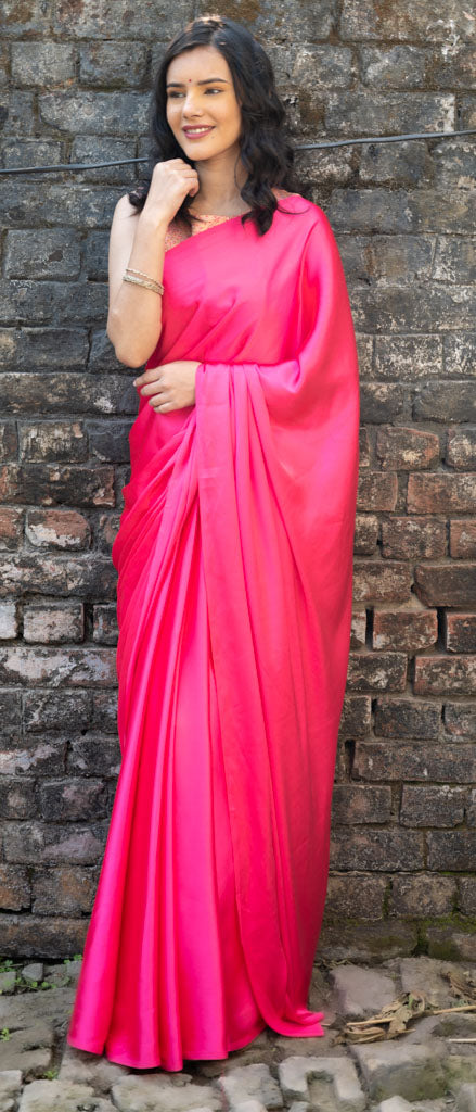 Plain Satin Silk Saree -Pink