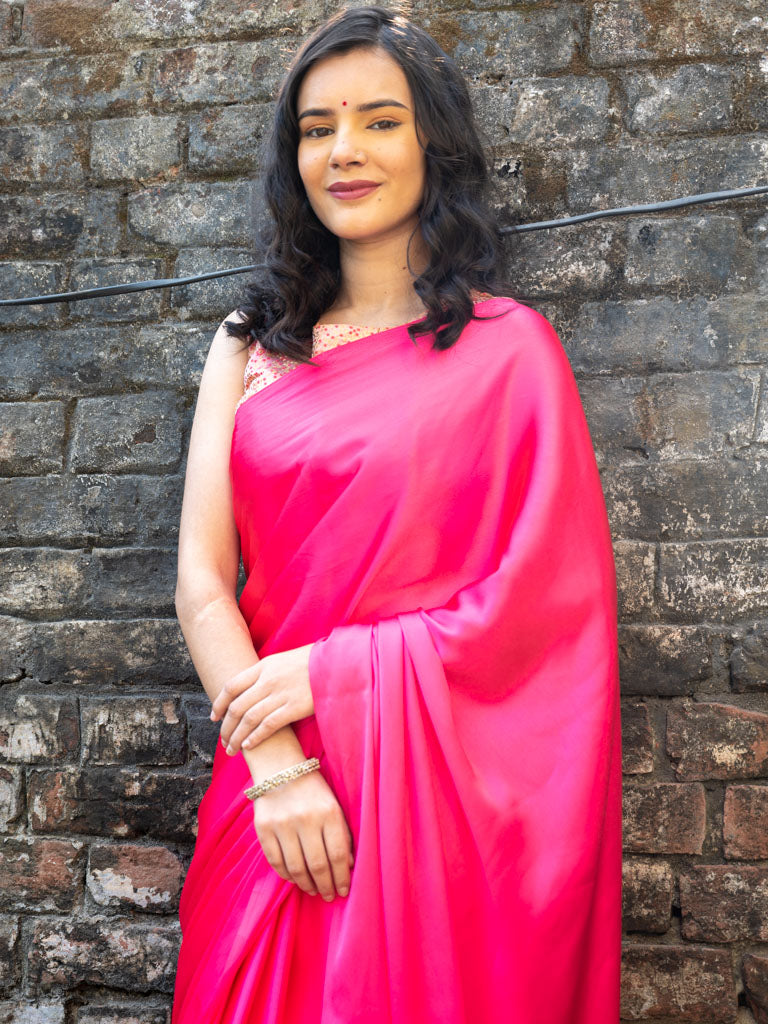 Plain Satin Silk Saree -Pink