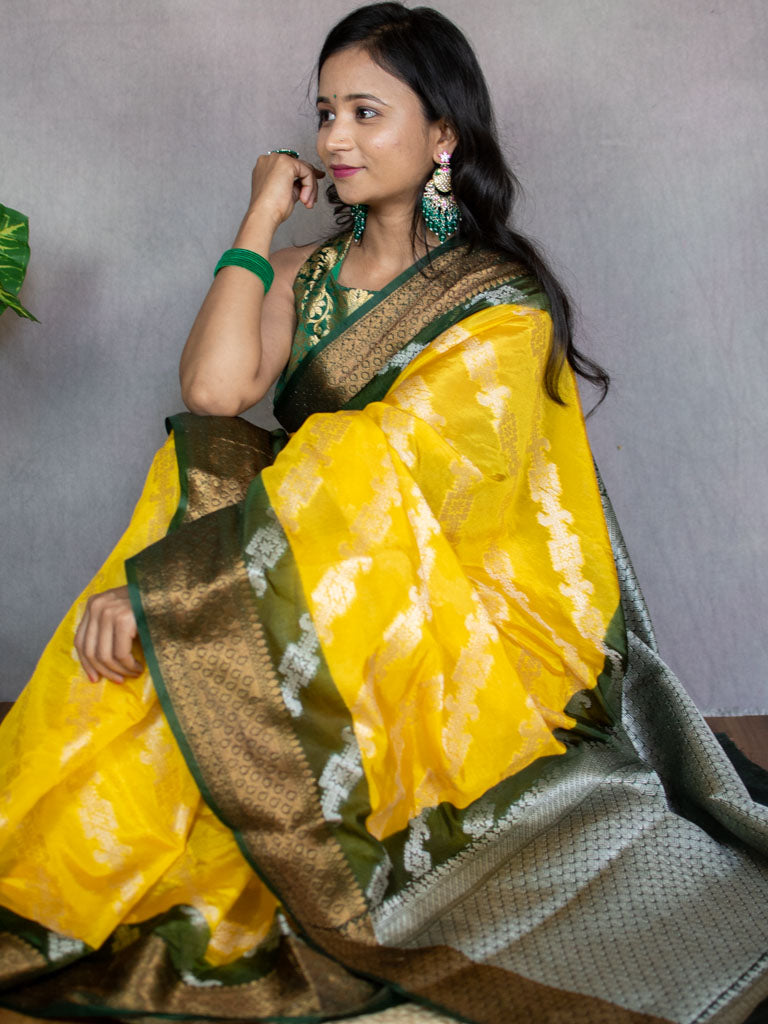 Banarasi Semi Georgette Saree With Antique  Zari Buti Weaving & Contrast Border-Yellow & Green