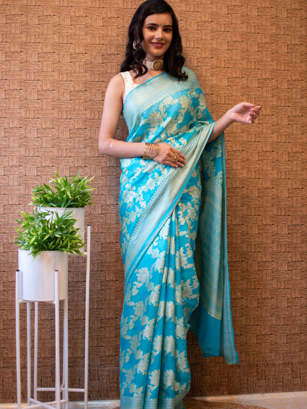 Banarasi Pure Georgette Saree With Jaal Resham Weaving-Blue