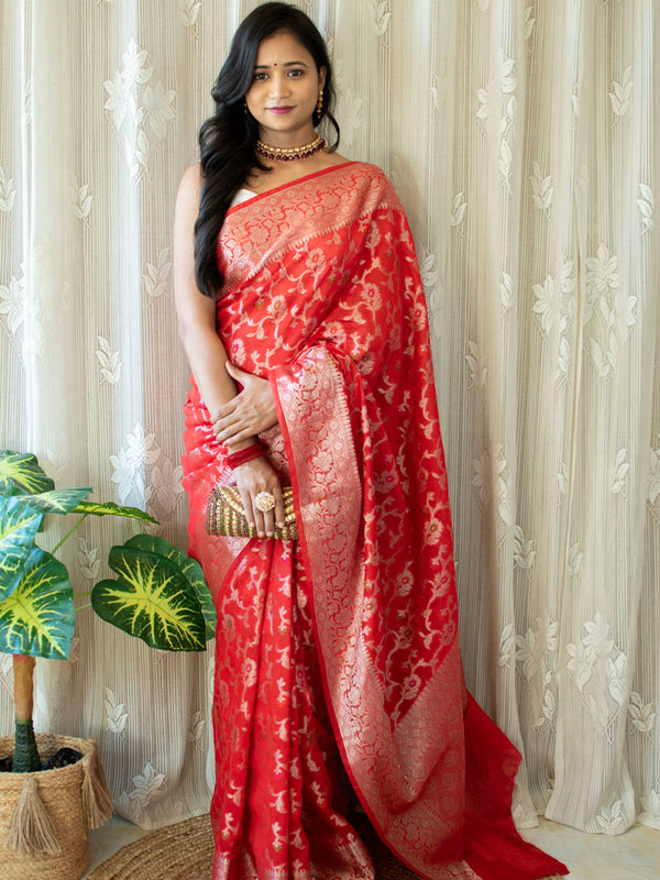 Banarasi Kora Saree With Jaal Weaving & Contrast Border-Red