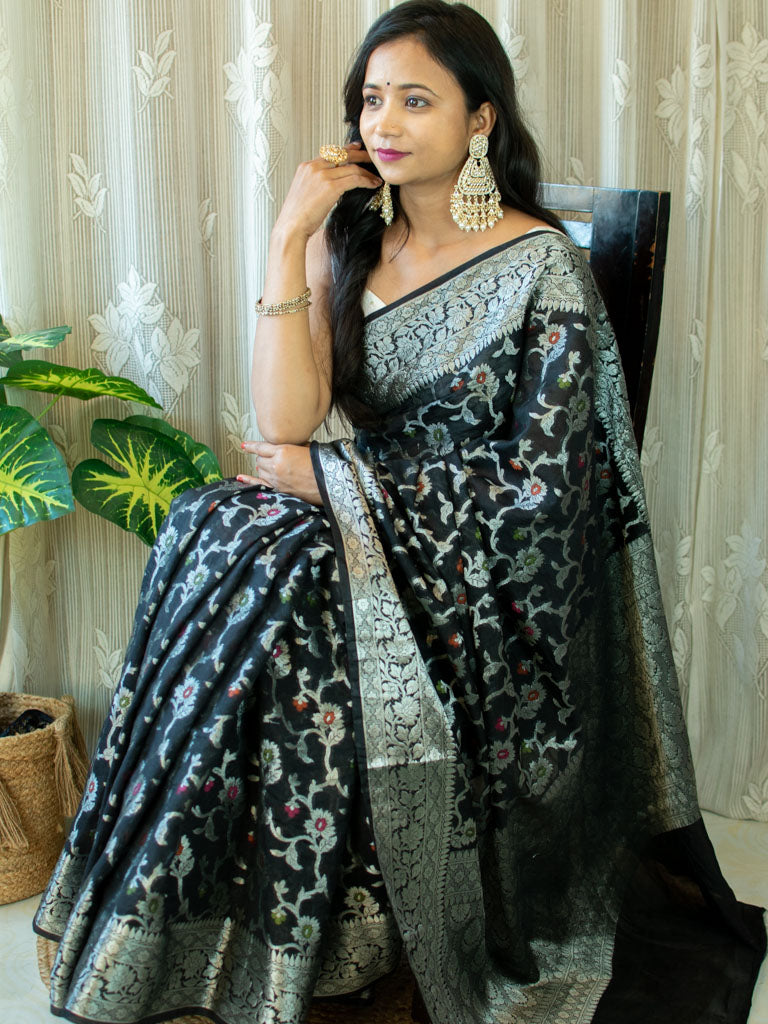 Banarasi Kora Saree With Jaal Weaving & Contrast Border-Black