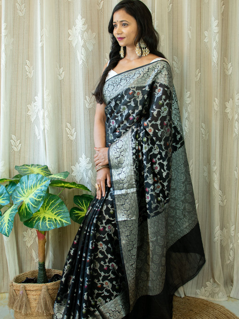 Banarasi Kora Saree With Jaal Weaving & Contrast Border-Black
