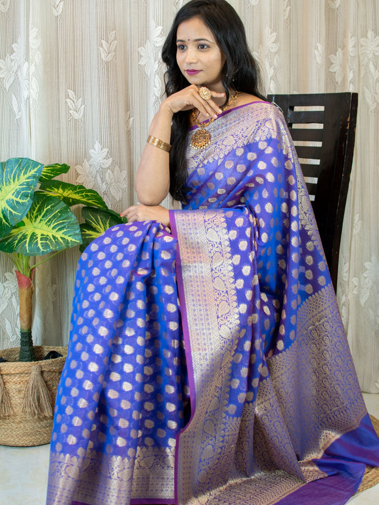 Banarasi Cotton Silk Mix Saree with Floral Buti & Border-Purple