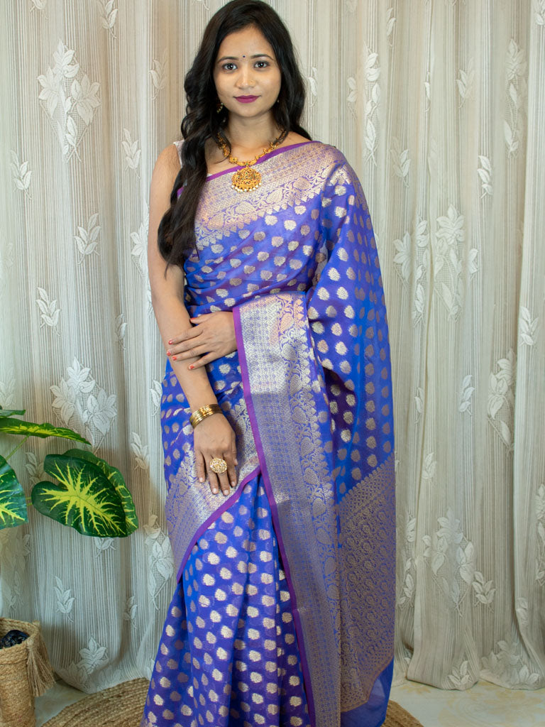 Banarasi Cotton Silk Mix Saree with Floral Buti & Border-Purple