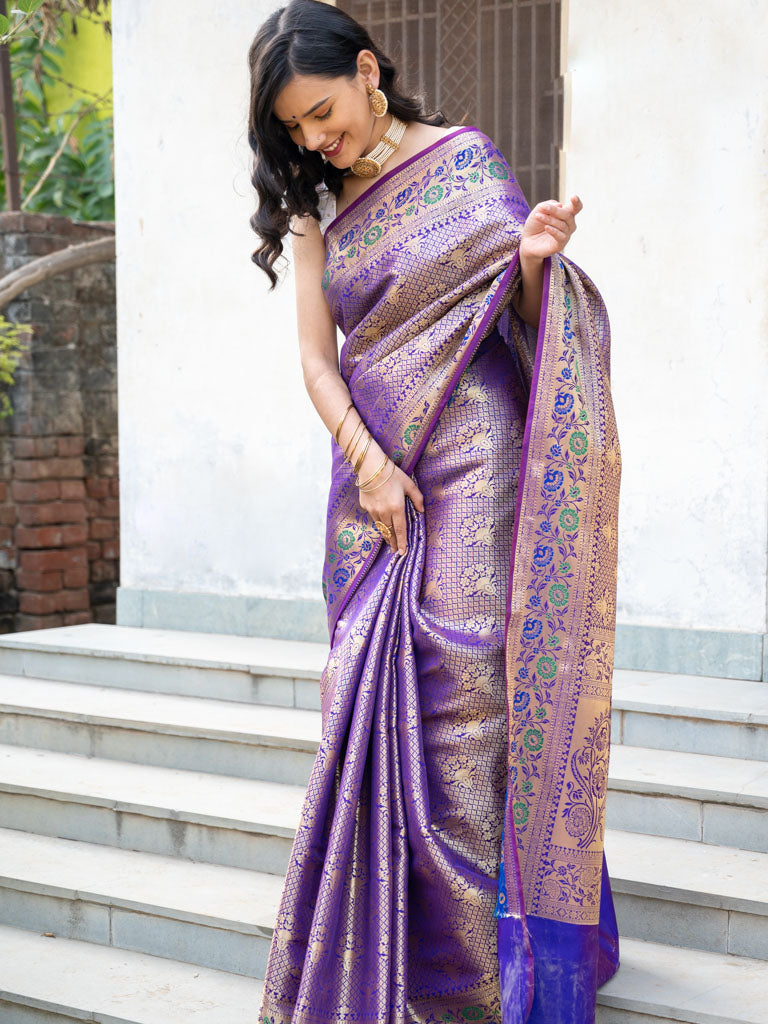 Banarasi Semi Silk Saree With Tanchoi Weaving & Contrast Border-Purple