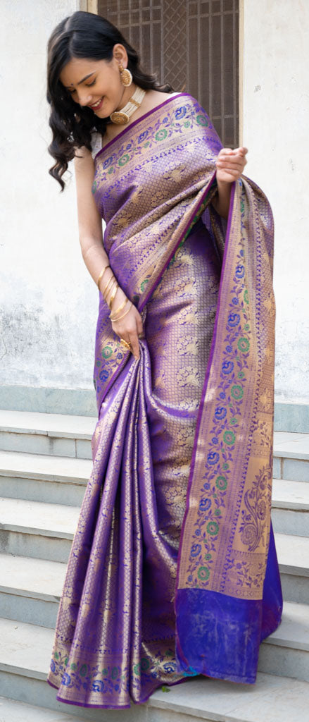 Banarasi Semi Silk Saree With Tanchoi Weaving & Contrast Border-Purple