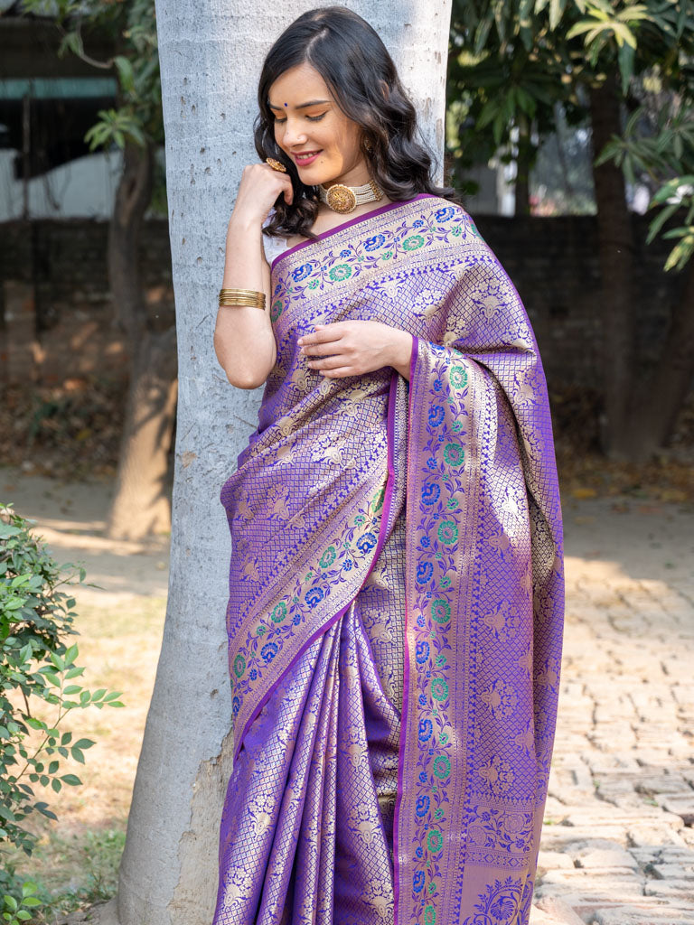 Banarasi Semi Silk Saree With Tanchoi Weaving & Contrast Border-Purple