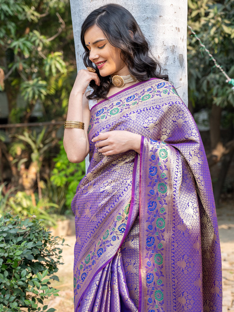 Banarasi Semi Silk Saree With Tanchoi Weaving & Contrast Border-Purple