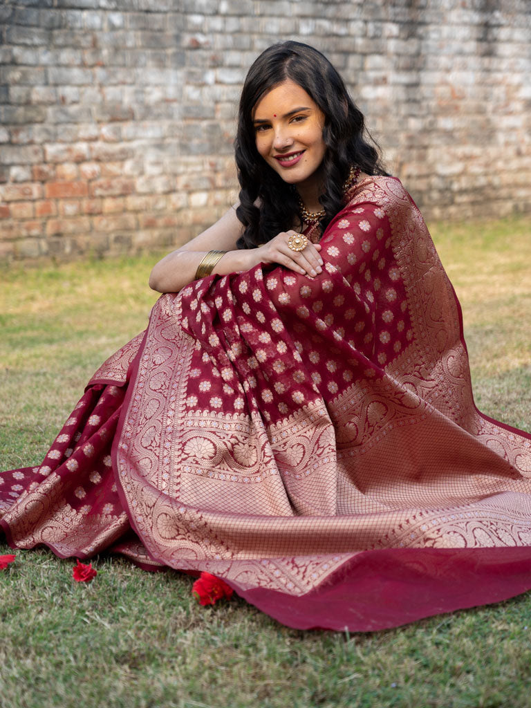 Banarasi Semi Georgette Saree With Antique  Zari Buti Weaving & Border-Maroon