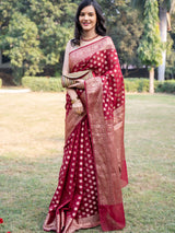Banarasi Semi Georgette Saree With Antique  Zari Buti Weaving & Border-Maroon