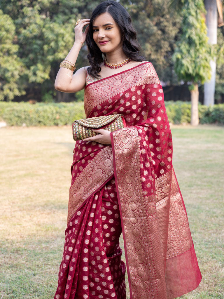 Banarasi Semi Georgette Saree With Antique  Zari Buti Weaving & Border-Maroon