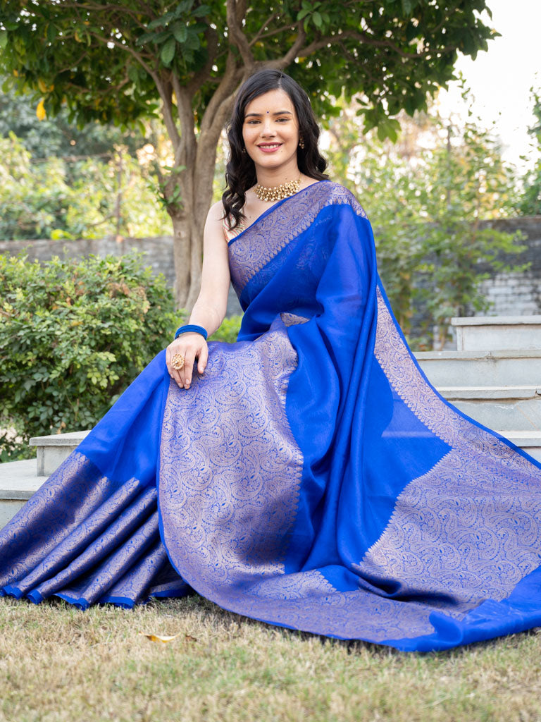 Brinjal and ink blue bandhini print saree with kanchi long border. – Sree  Nava Media