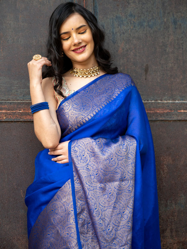 Banarasi Cotton Silk Saree Plain Body With Antique Zari Skirt Border-Blue