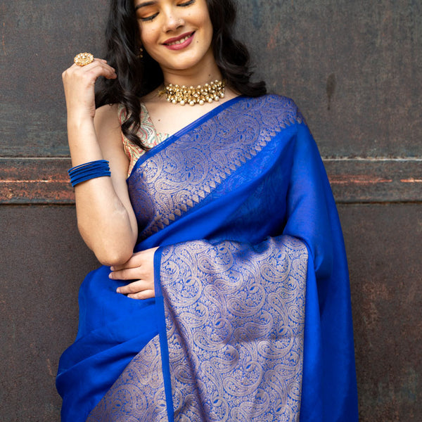 Mordern Look Copper Sulphate Color Pata Saree, With Blouse Piece