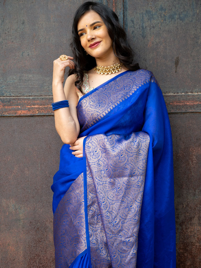 Banarasi Cotton Silk Saree Plain Body With Antique Zari Skirt Border-Blue